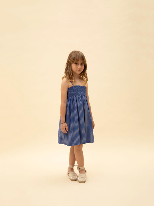 STRAPLESS SHIRRED STRIPED DRESS