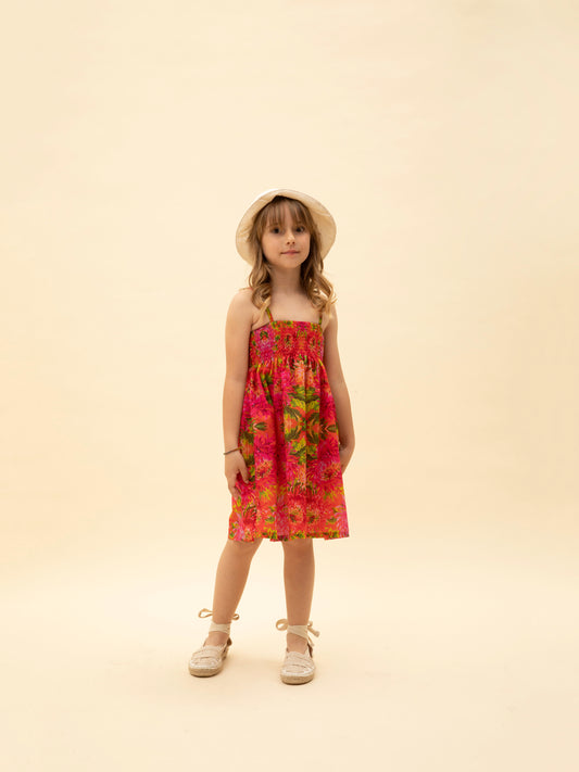 STRAPLESS SHIRRED DRESS FLORAL