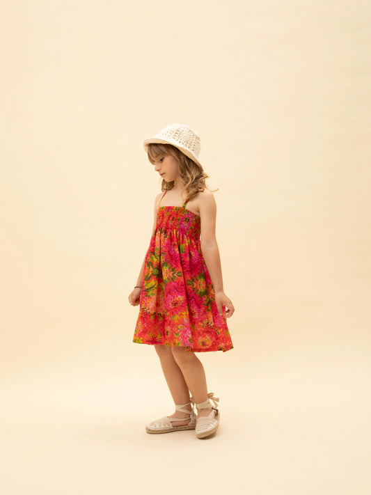 STRAPLESS SHIRRED DRESS FLORAL