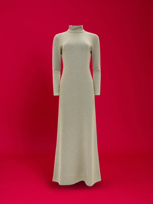 HIGH-NECK LUREX GOWN GOLD