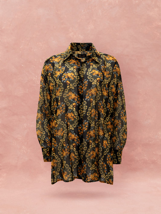 OVERSIZED CHIFFON SHIRT - LACE BOUQUET BLACK