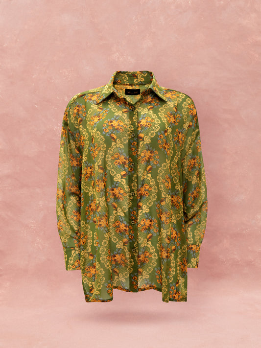 OVERSIZED CHIFFON SHIRT - LACE BOUQUET LIME
